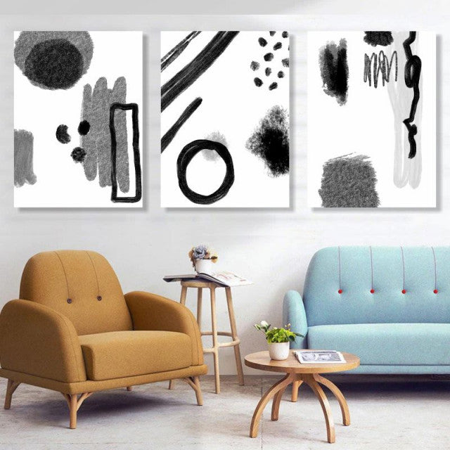 Set 3 Tablouri - Abstract black and white watercolor