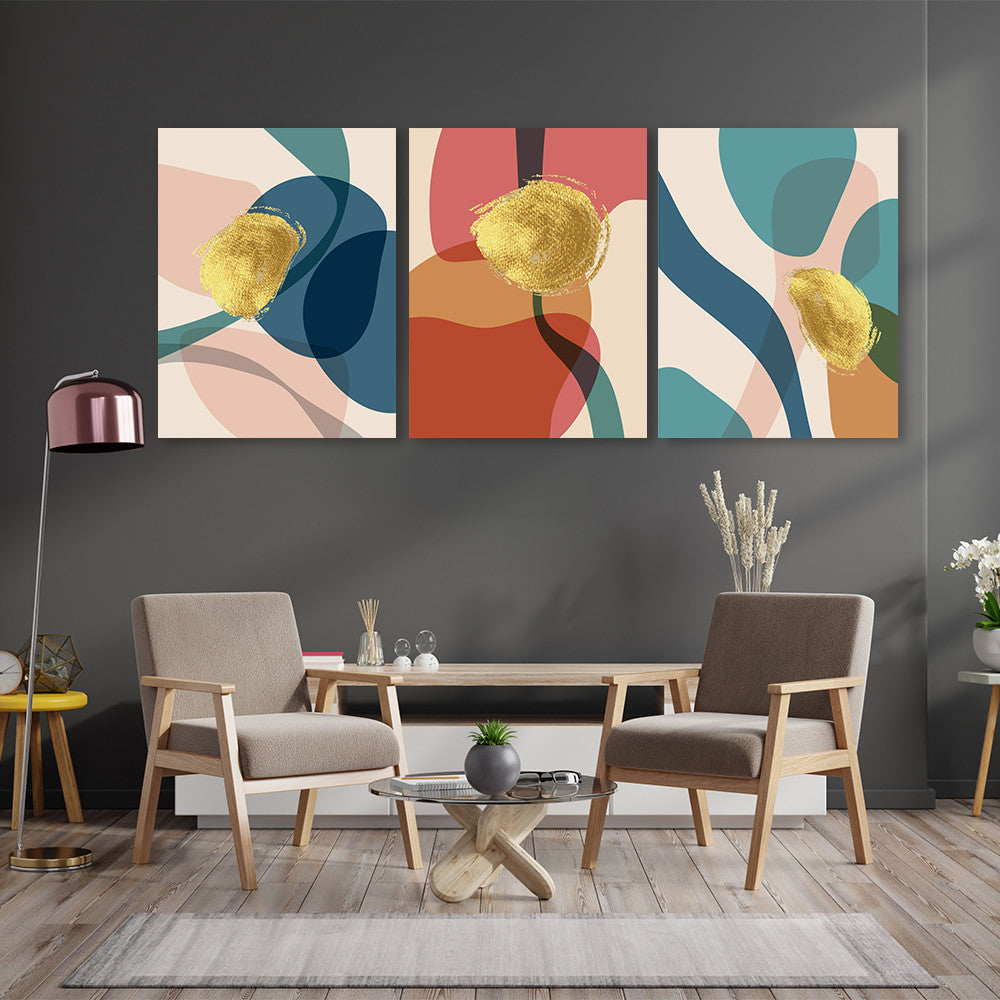 Set 3 Tablouri Abstract golden and pastel shapes