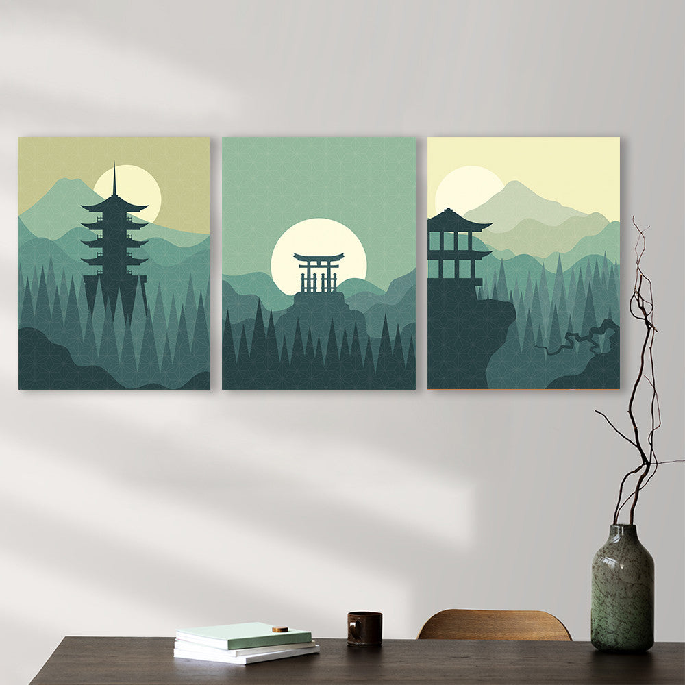 Set 3 Tablouri Blue japanese landscape