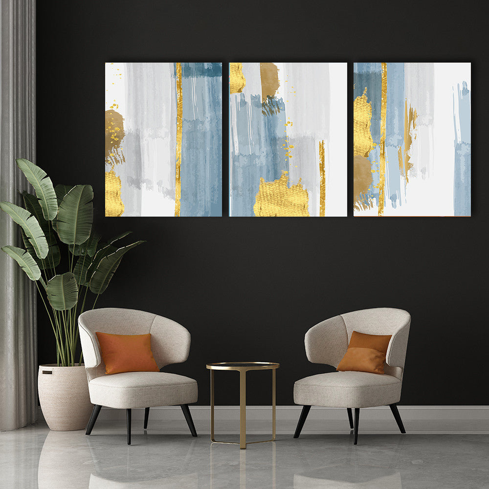 Set 3 Tablouri Blue strokes and golden shapes