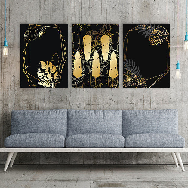 Set 3 Tablouri - Frunze Si Pene Aurii
