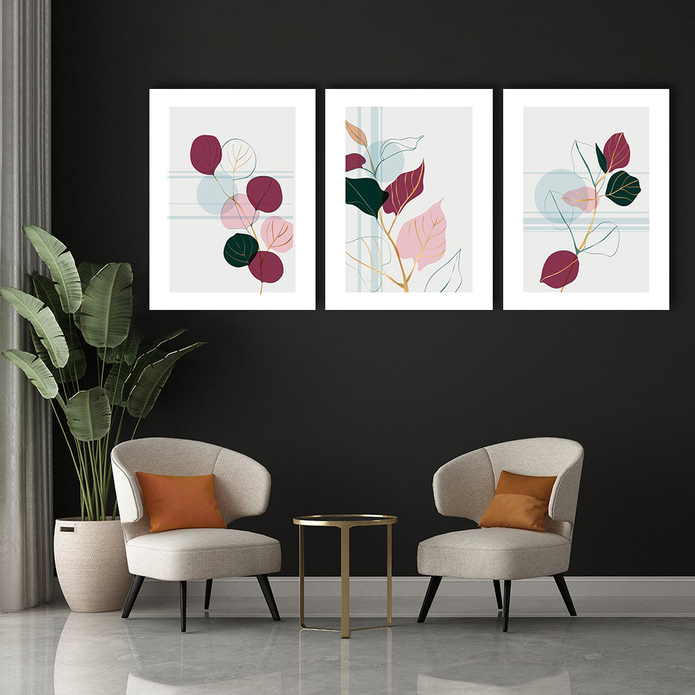 Set 3 Tablouri Pastel leaves with gold