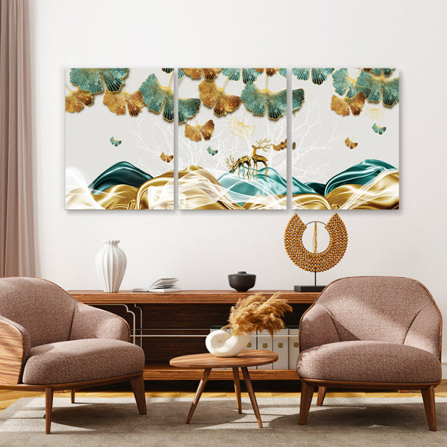 Set Tablouri Canvas - Deer And Ginkgo Leaves