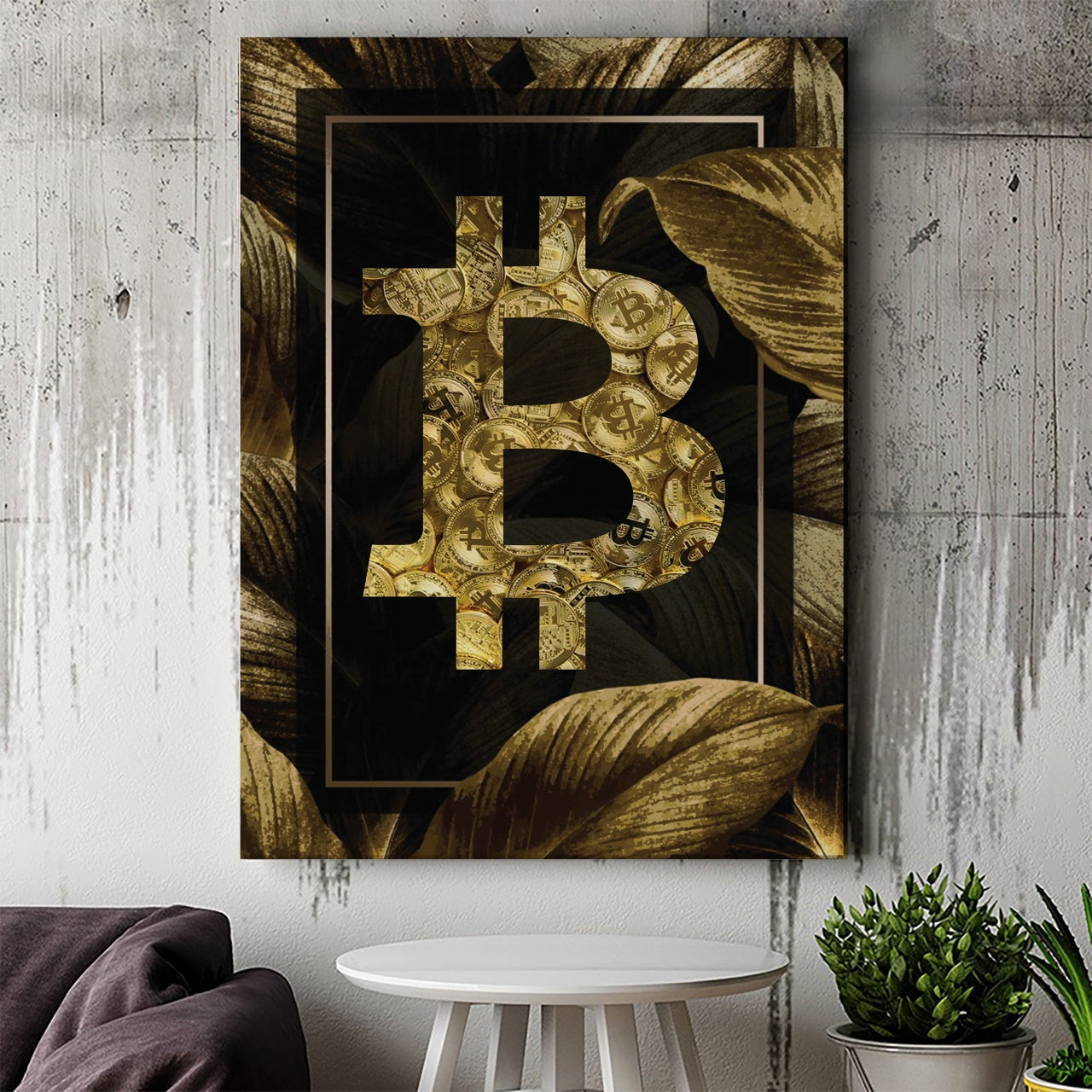 Tablou Canvas Inspirational - Golden Leaves Bitcoin