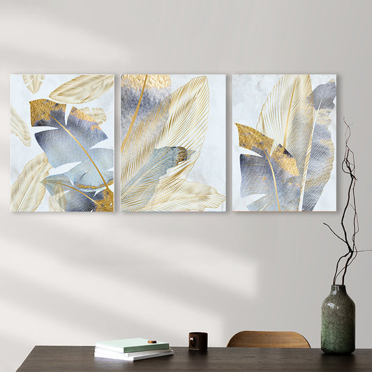 Set 3 Tablouri Golden leaves on blue background
