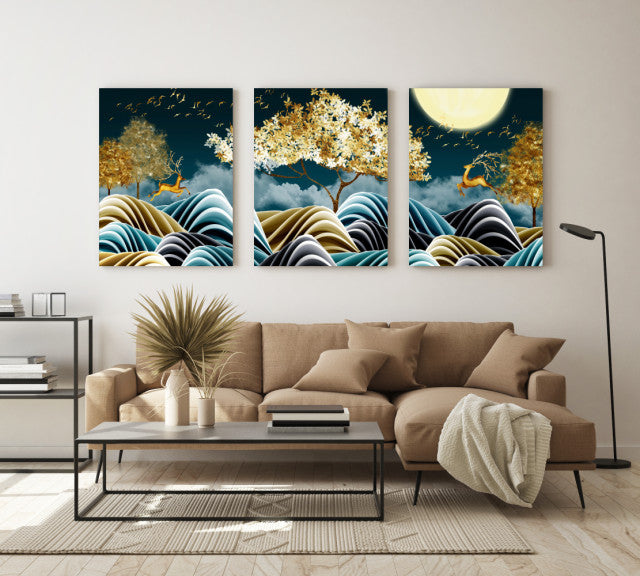 Set Tablouri Canvas - Natura Stilizata Artistic Gold And Green