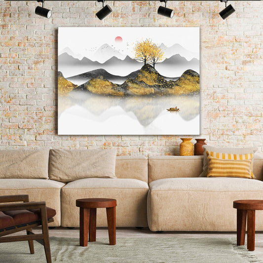 Tablou Canvas Red Sun Over The Misty Mountains